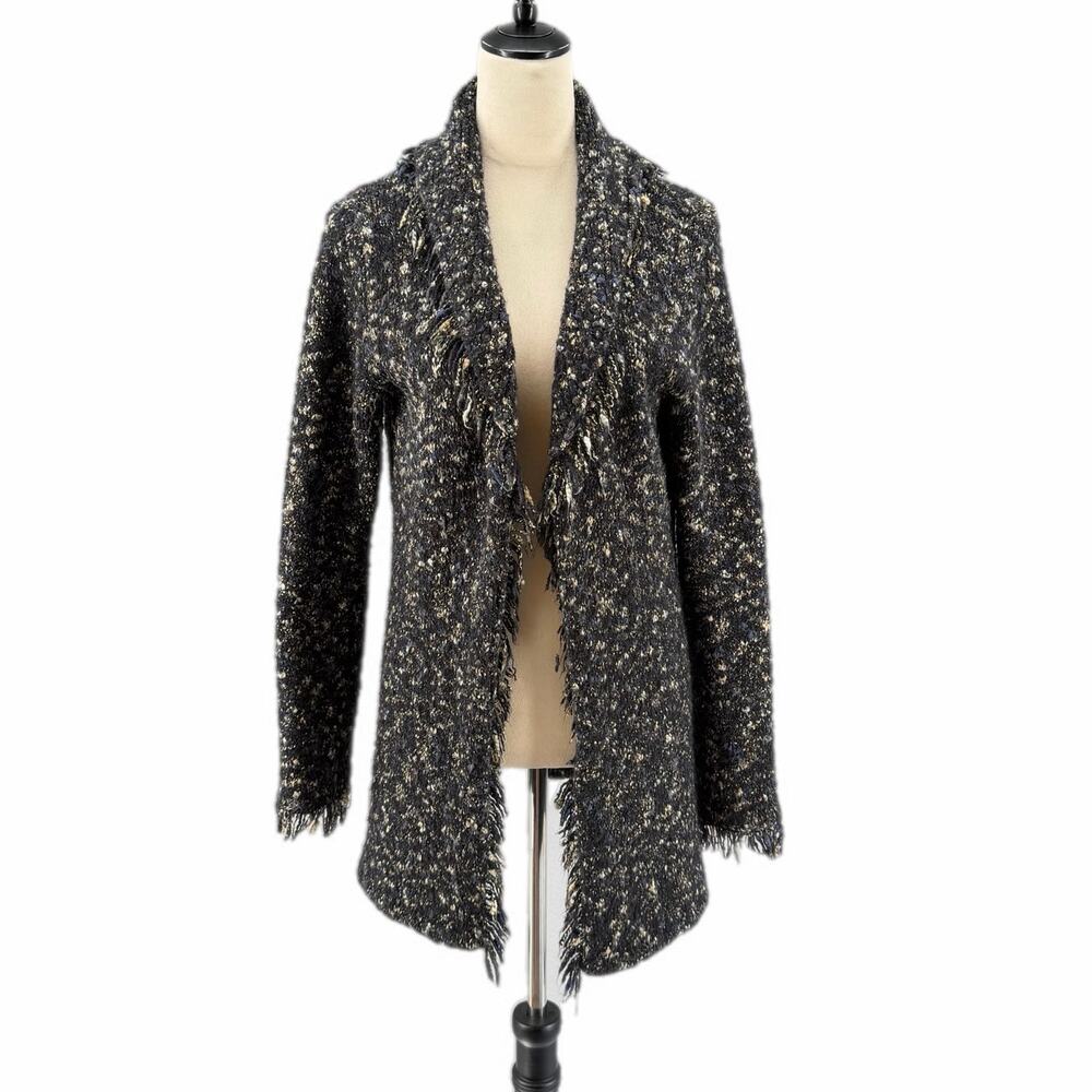 Mercer & Madison Black Tweed Knit Alpaca Mohair Blend Chunky Fringe Cardigan